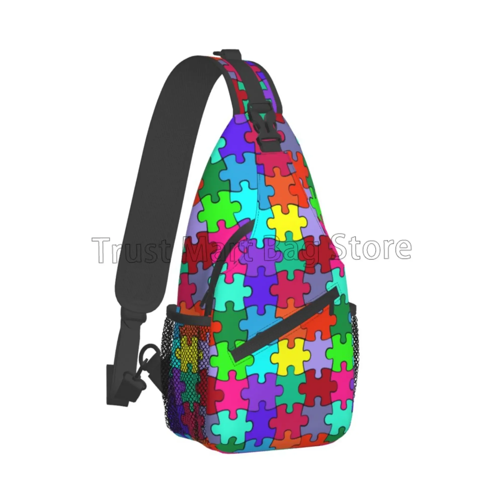 Autism Awareness Colorful Puzzle Piece Print Sling Backpack Crossbody Bag Travel Hiking Daypack Unisex Casual Chest Shoulder Bag