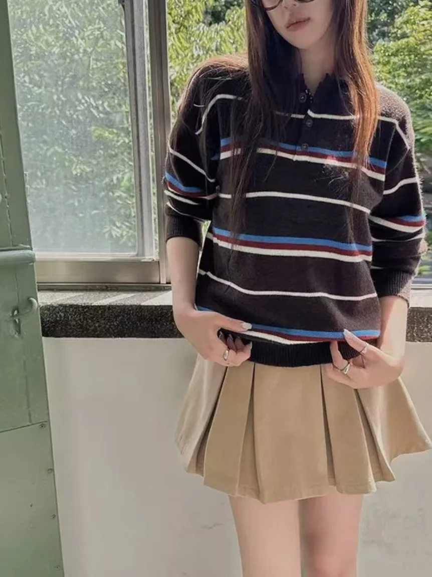 

Loose Fit Women's Knitted Sweater Collar Inner Wear Striped Color Blo Sle Comfortable Soft Material Autumn Top