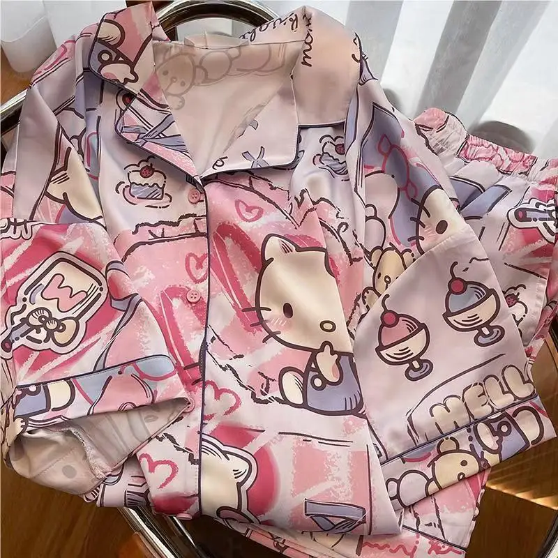 2026 New Cute Cartoon Hello Kitty Satin Sleepwear Set Women Short Sleeve Shorts Soft Comfy Summer Casual Fashion Home Loungewear view 6