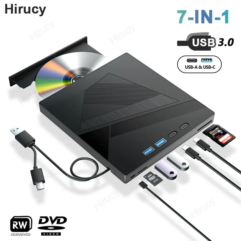 Multifunctional External DVD Drive CD DVD -/+RW Player with USB 3.0 Type-C TF SD Card Slots Optical Drives for Laptop PC Windows