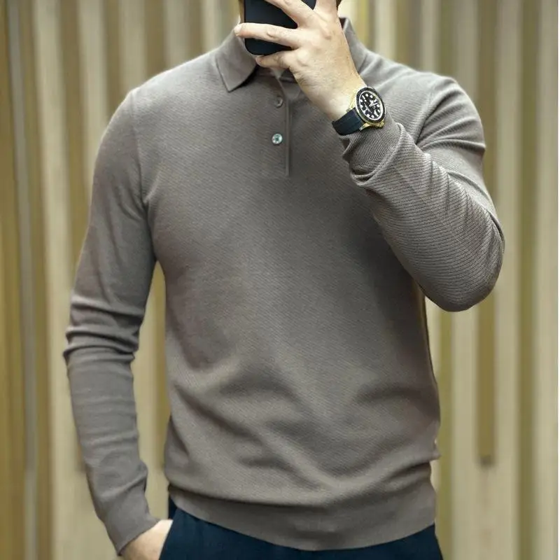 

Slim Fit Long Sve irt Повседневный вязаный свитер с отложным воротником для мужчин Busin Casual Sle Осенняя модная городская одежда