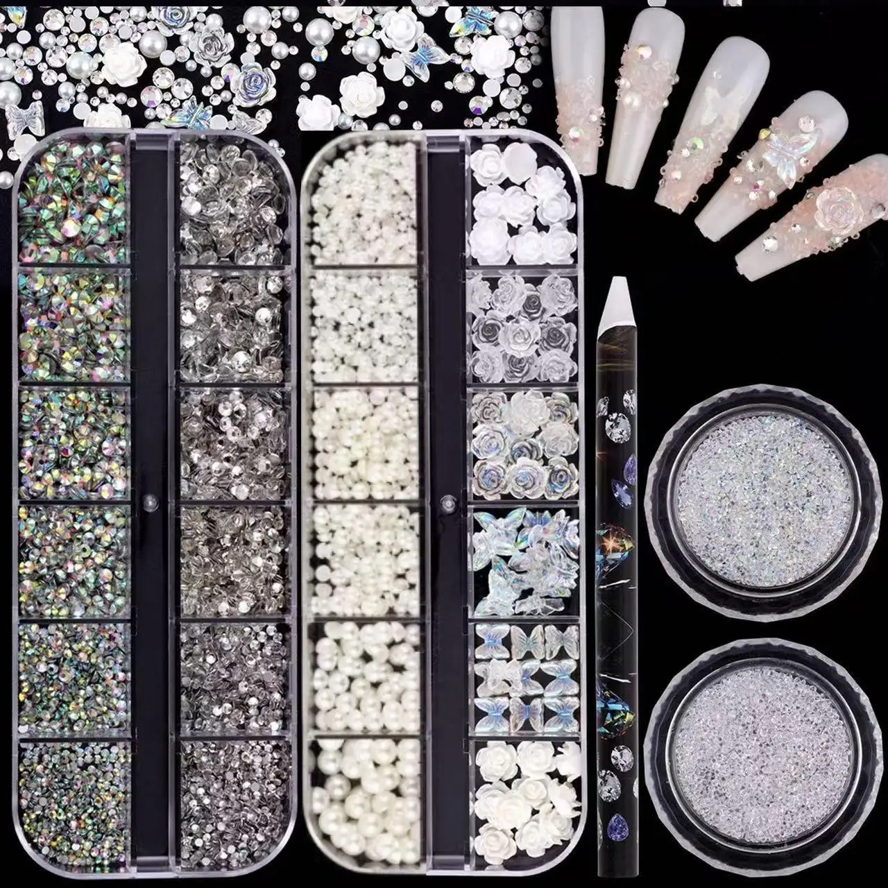 4 cajas de juegos de decoración de uñas, diamantes de imitación de parte posterior plana de color transparente y Ab, accesorios para uñas de mariposa y flor de perla acrílica, accesorios pequeños para uñas con diamantes de imitación