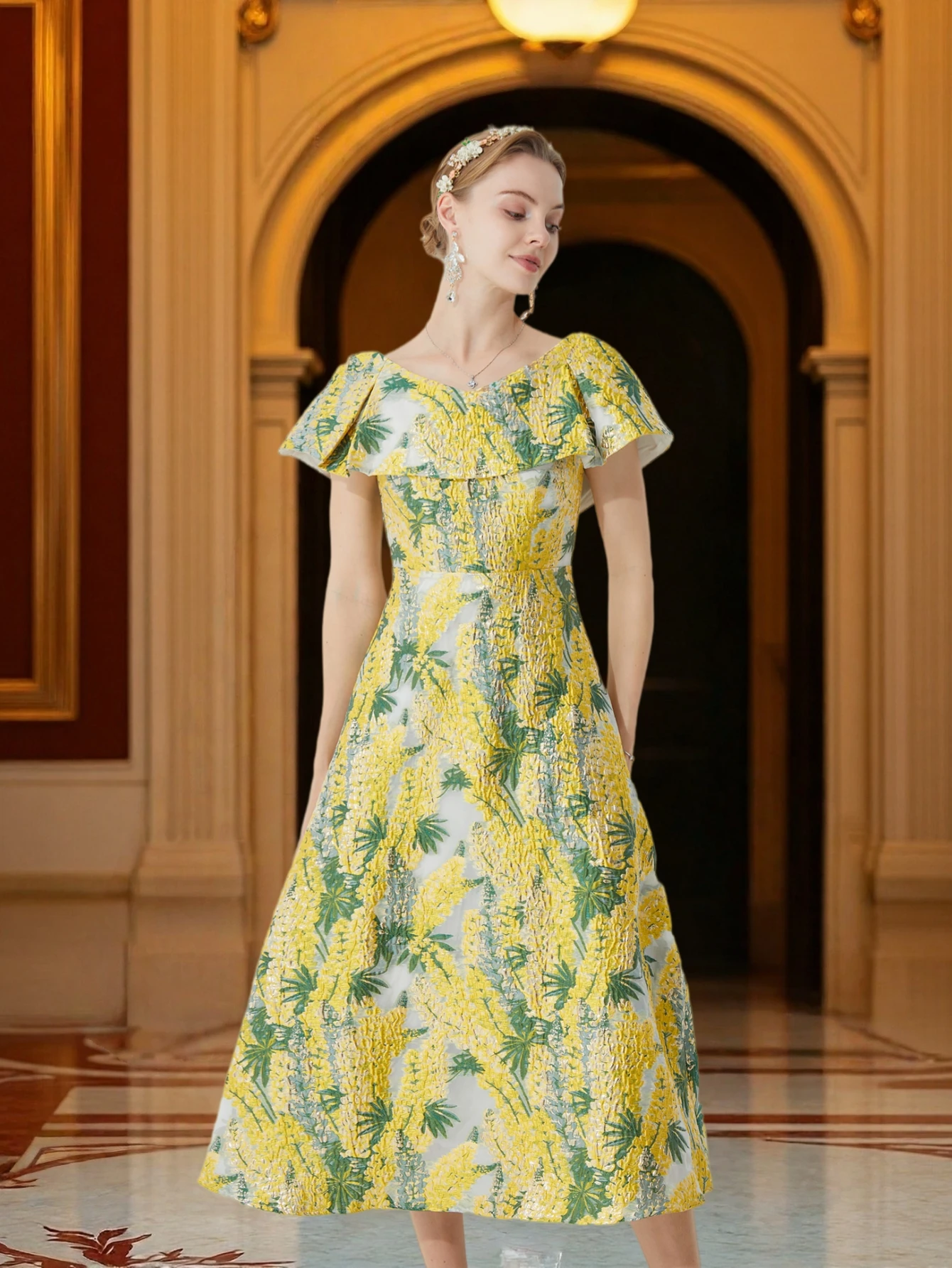 Vestido Jacquard con Adornos Franceses para Mujer, Vestido Midi Ajustado a la Cintura con Jacquard 3D, Perfecto para Banquetes