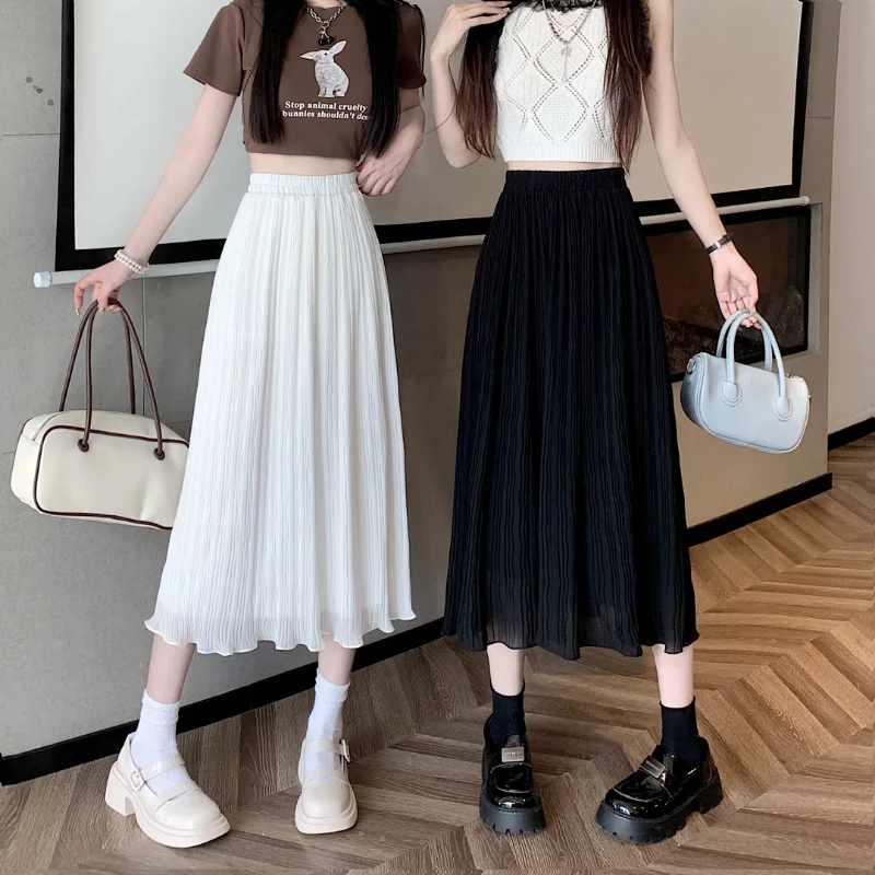 Chiffon Ruffle Edge High Waist Elastic Skirt Summer New Vintage Elegant Women Solid Color All-match Slimming A- Line Long Dress