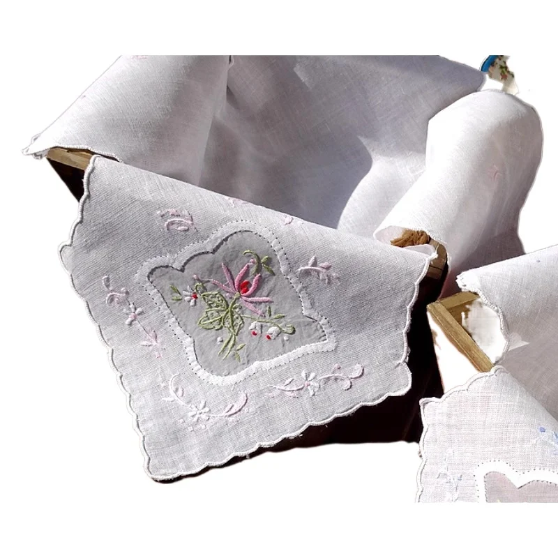 2PCS American vintage cotton linen hand embroidery cloth cover handkerchief bread towel butterfly towel