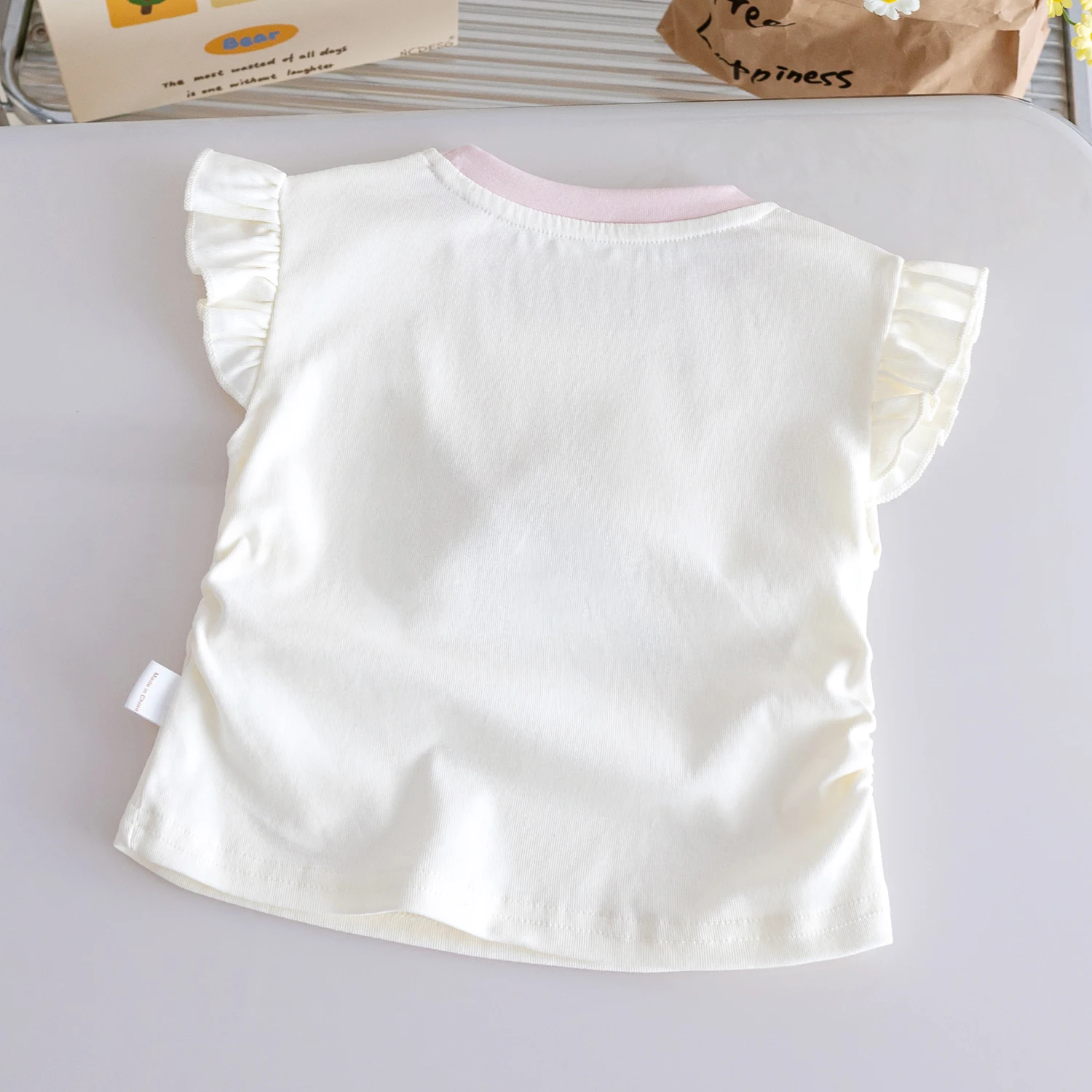 الصيف الفتيات القطن تي شيرت الكرتون الأرنب المطبوعة جولة الرقبة قصيرة الأكمام أعلى طفل الفتيات الحلو القوس فضفاض تي شيرت #4