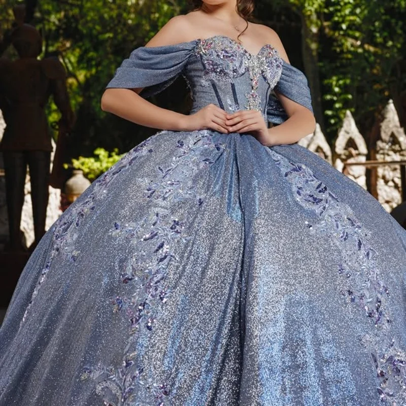 

Блестящее синее платье Quinceanera с кристаллами и блестящими цветами, наклейка с длинным хвостом, роскошное платье Quinceanera Vestidos De 15, ﻿ Настроить