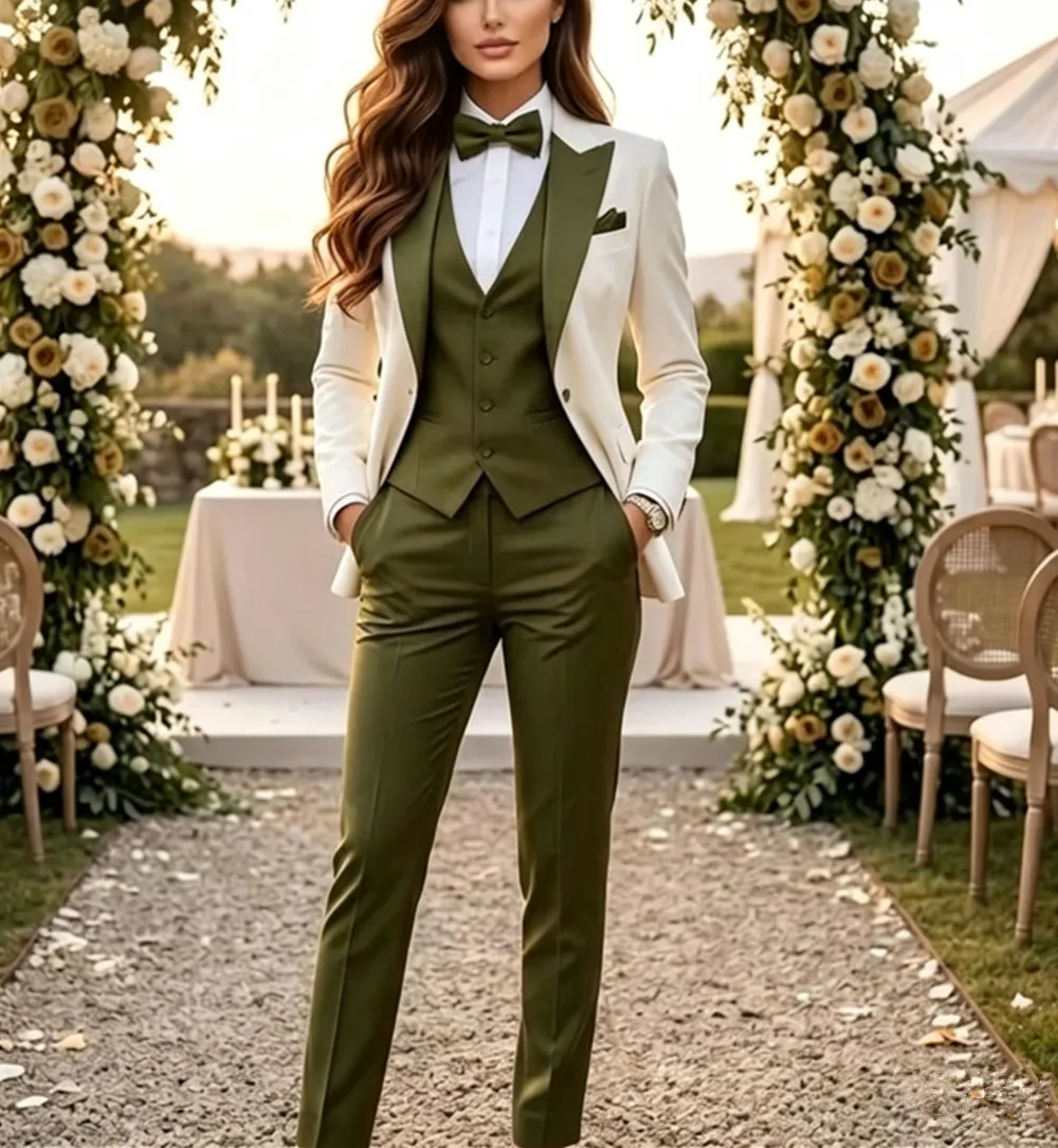 Women's Tuxedo Party Wear Designer Suits Three Piece Bridesmaid Olive Green & White Blazer (Jacket+Vest+Pants) Tailor Made