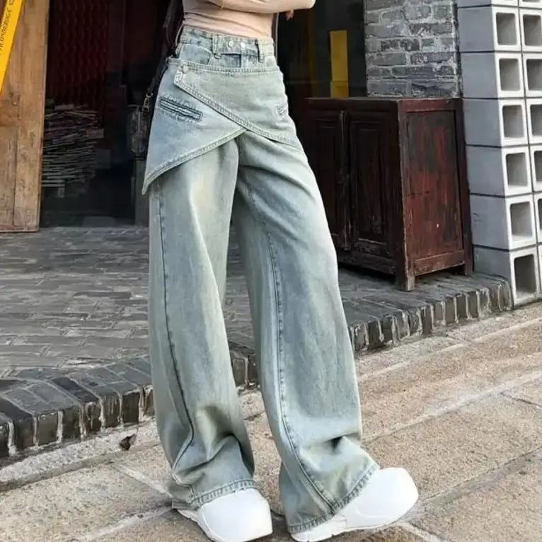 

Detachable Waist Seal Overlapping Wide-Leg Pants Thin Jeans Street Cool Girl Wide Legs Irregular Pants Female Baggy Trousers