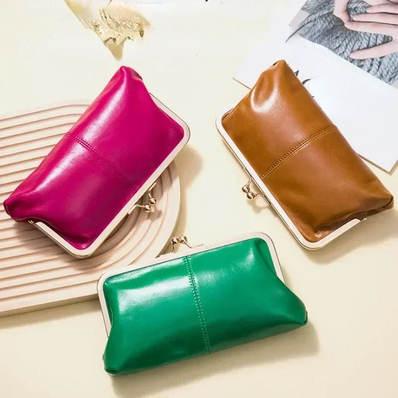 Genuine Leather Long Clutch Wallet Clip Bags Vintage Coin Purse Card Holder Key Lipstick Storage Phone Pouch Case for Women