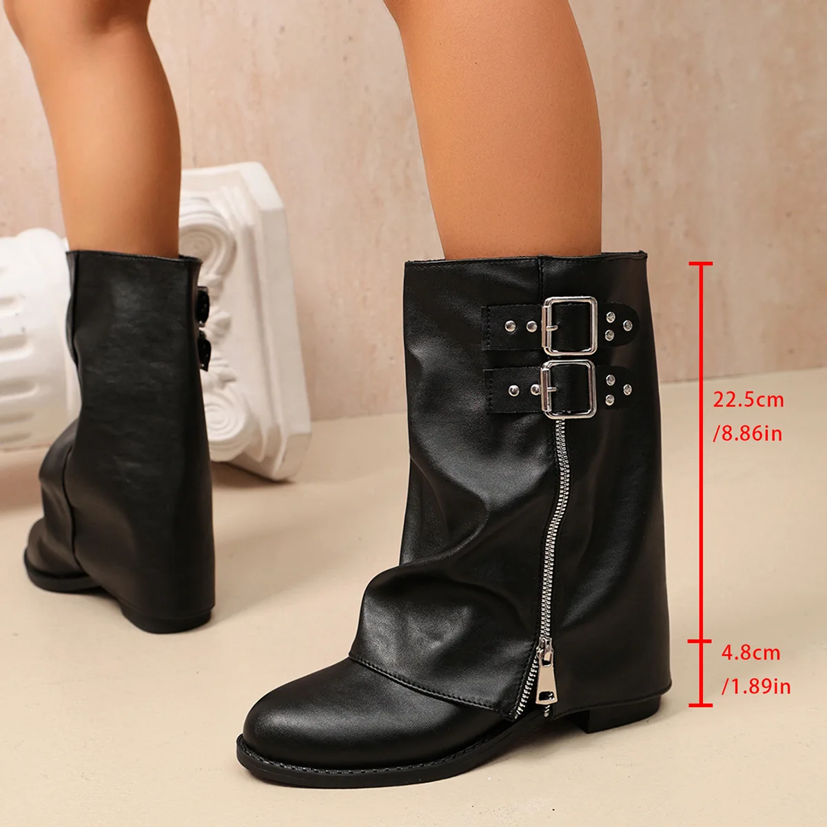 Women's Retro Knight Boots with Belt Buckle Autumn Winter Fashionable Handsome Wrinkled Pants Boots