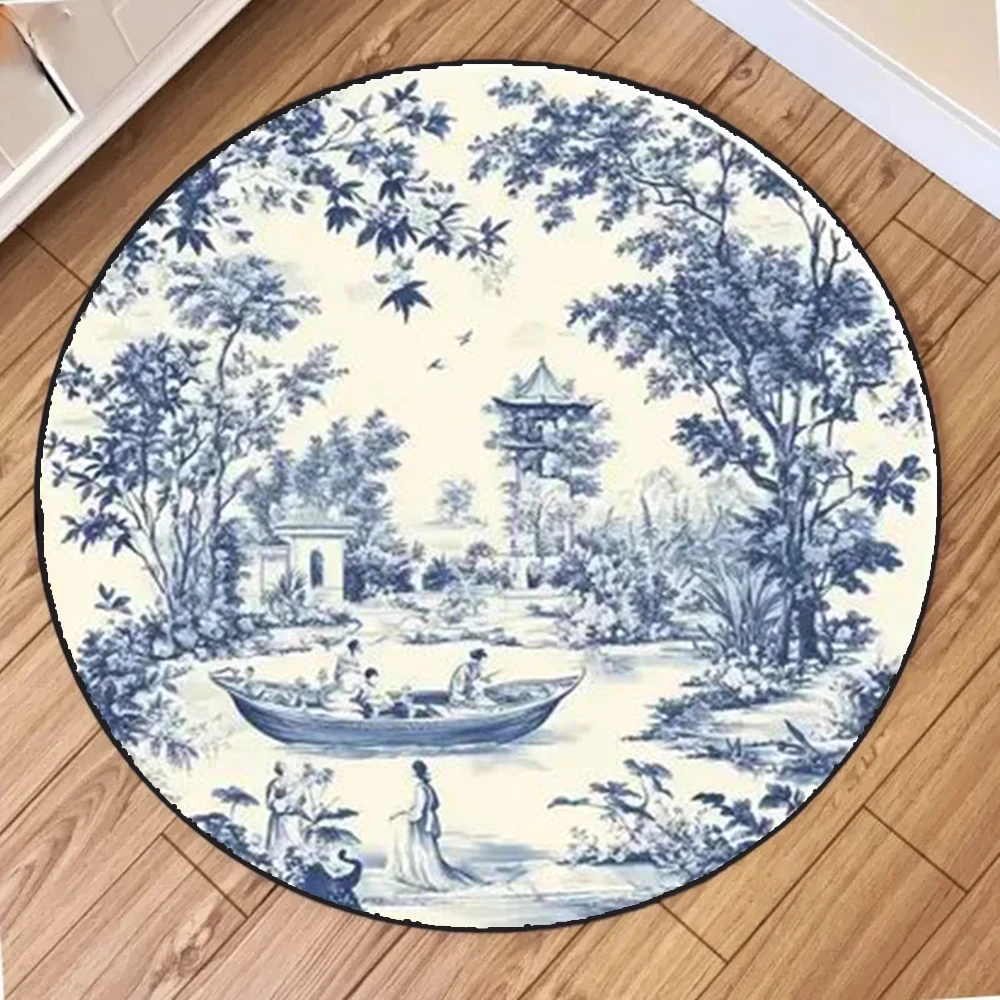 Oriental Style Round Rug Blue and White Porcelain Landscape Patterns Perfect for Living Room Decor Soft Durable Floor Mat
