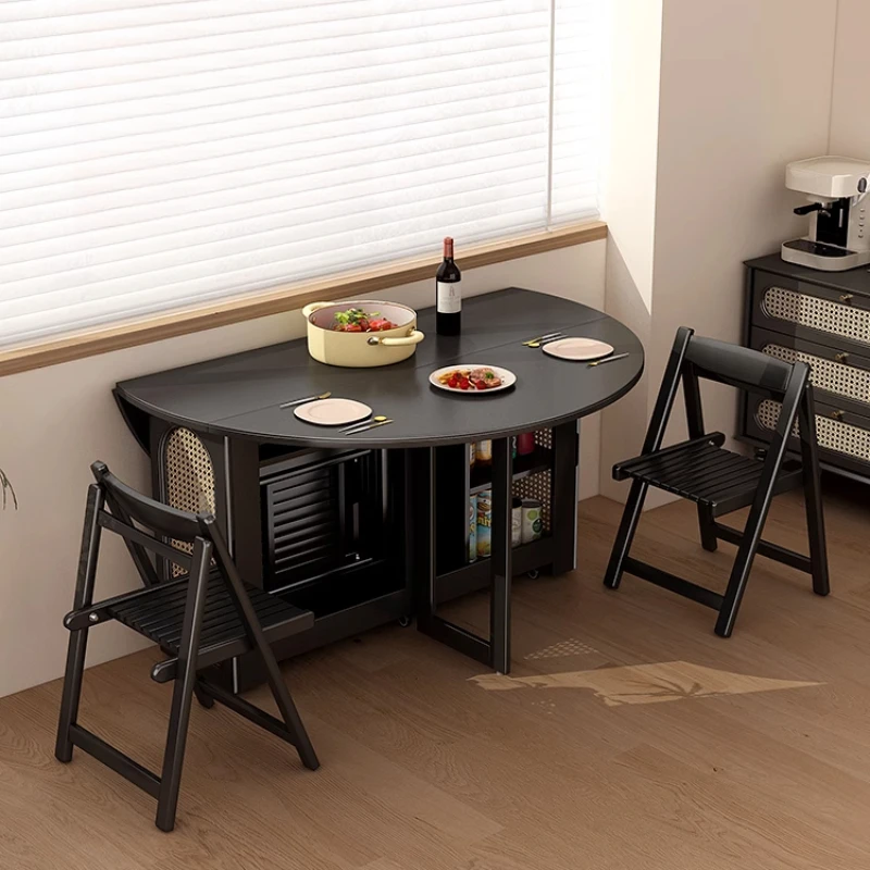 Medieval rock slab folding round table and chair combination small apartment household French retro multi-functional solid wood