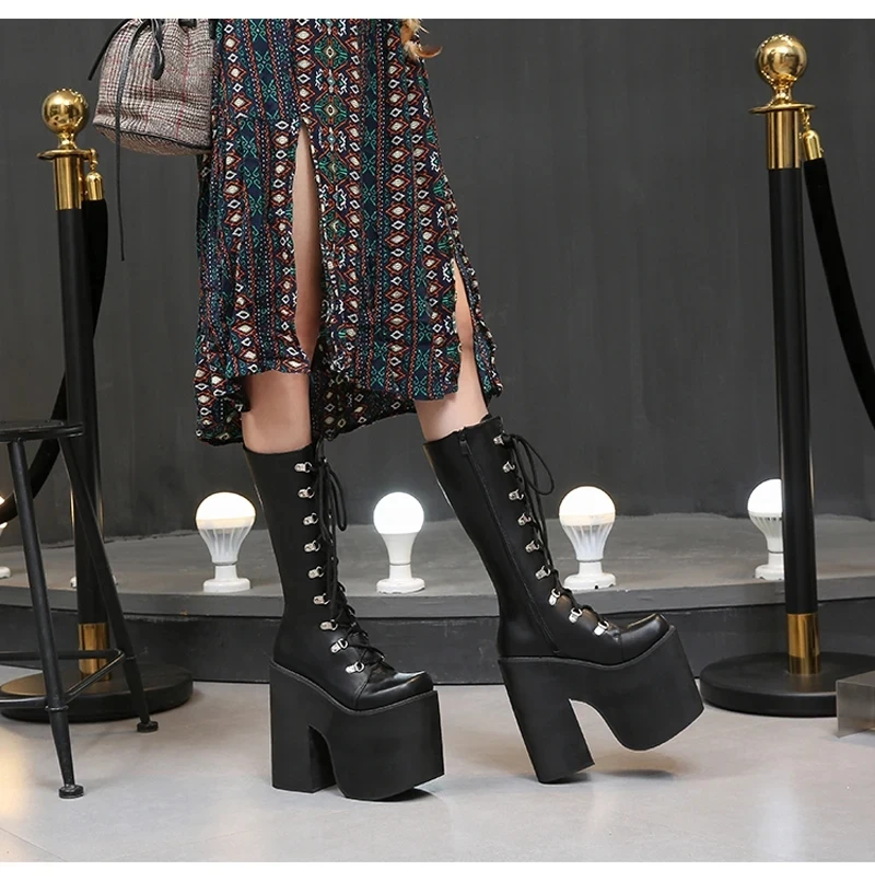 16cm Długie buty damskie New Rock Shoes Black Knee High Boots Punk Goth Chunky Platform Boots Fall Wedge High Heels Bota Plataforma