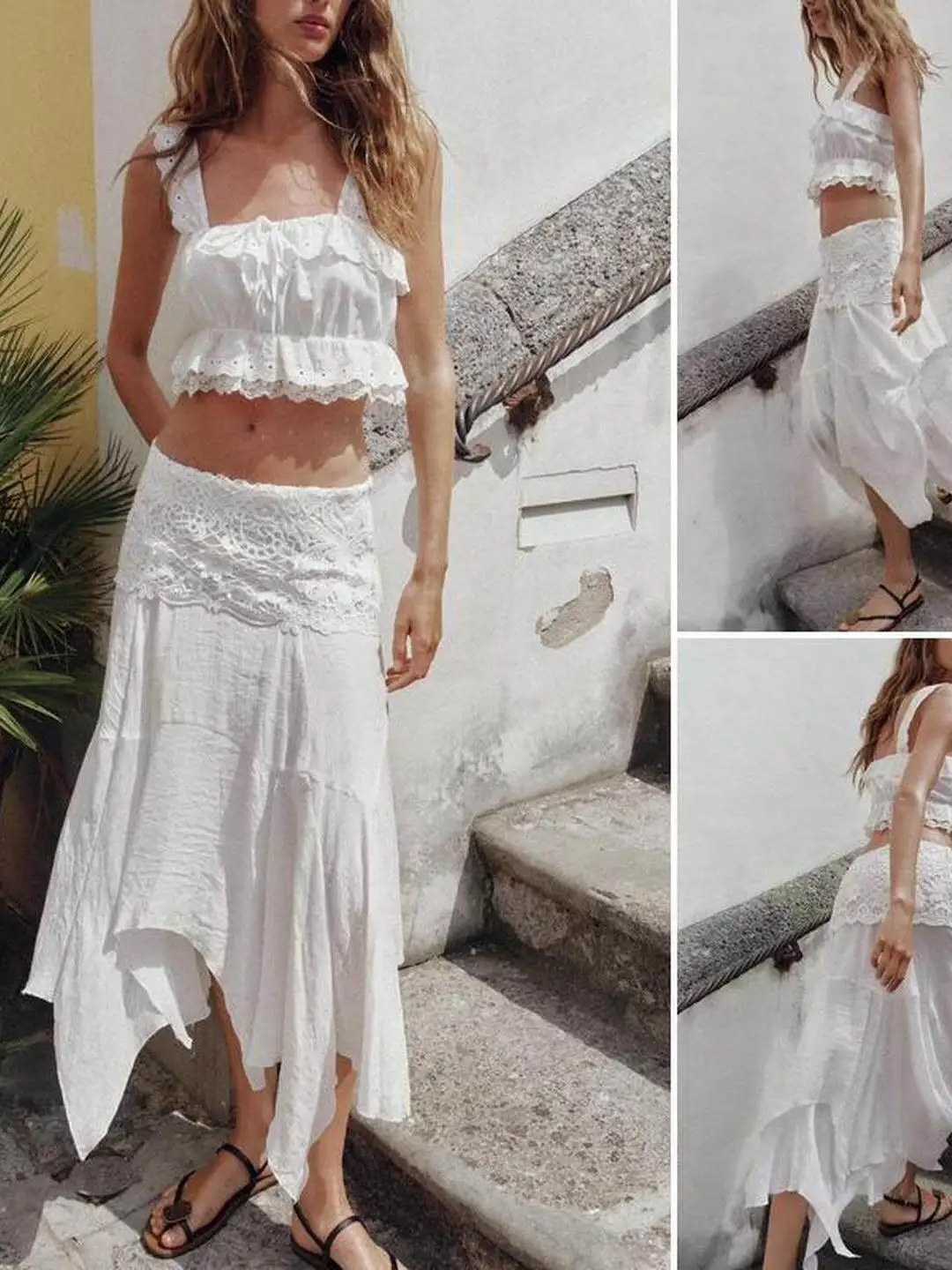 Vacation Style Short Top Embroidered Hollow out Asymmetrical Midi Skirt Fashion Set Women's Spring Summer Workwear Uniform view 2