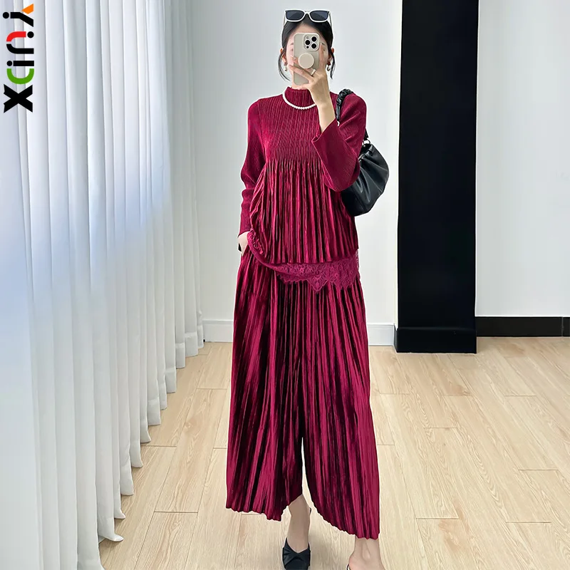 

YUDX Miyake Temperament Age Reducing Set Women's Autumn New Lace Up Splice Pleated Long Sleeve Top Loose Wide Leg Pants