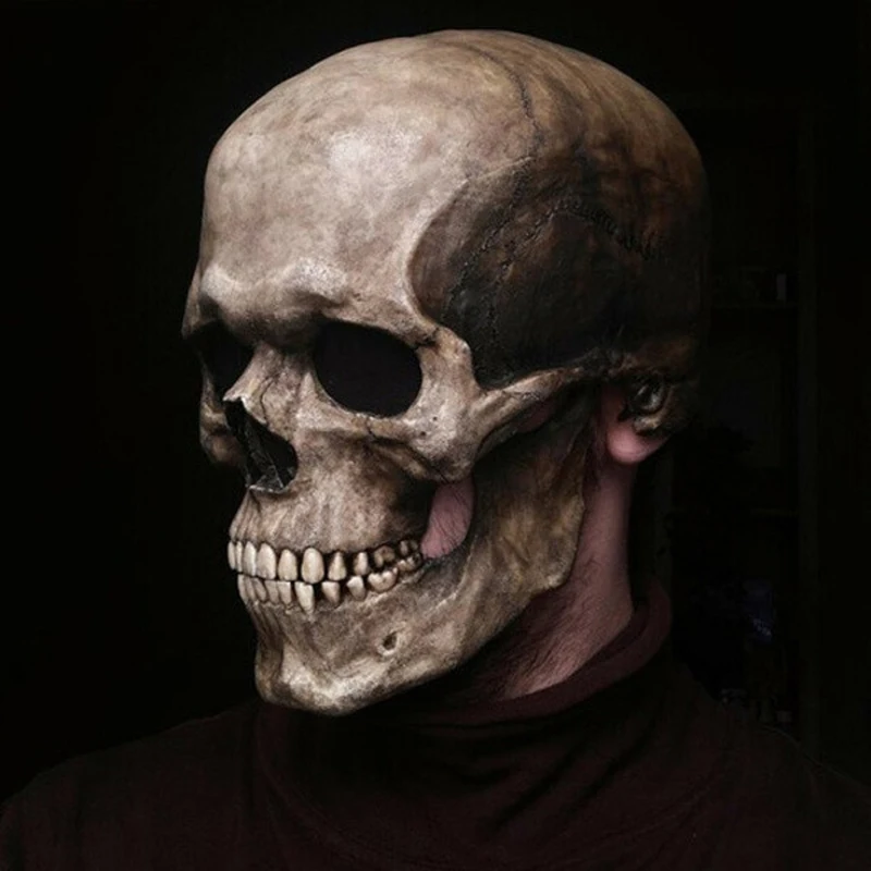 1Pcs New Full Head Skull Mask Mouth Can Be Moved Halloween Horror Adult Skull Mask Haunted House Props Movable Jaw Latex Mask