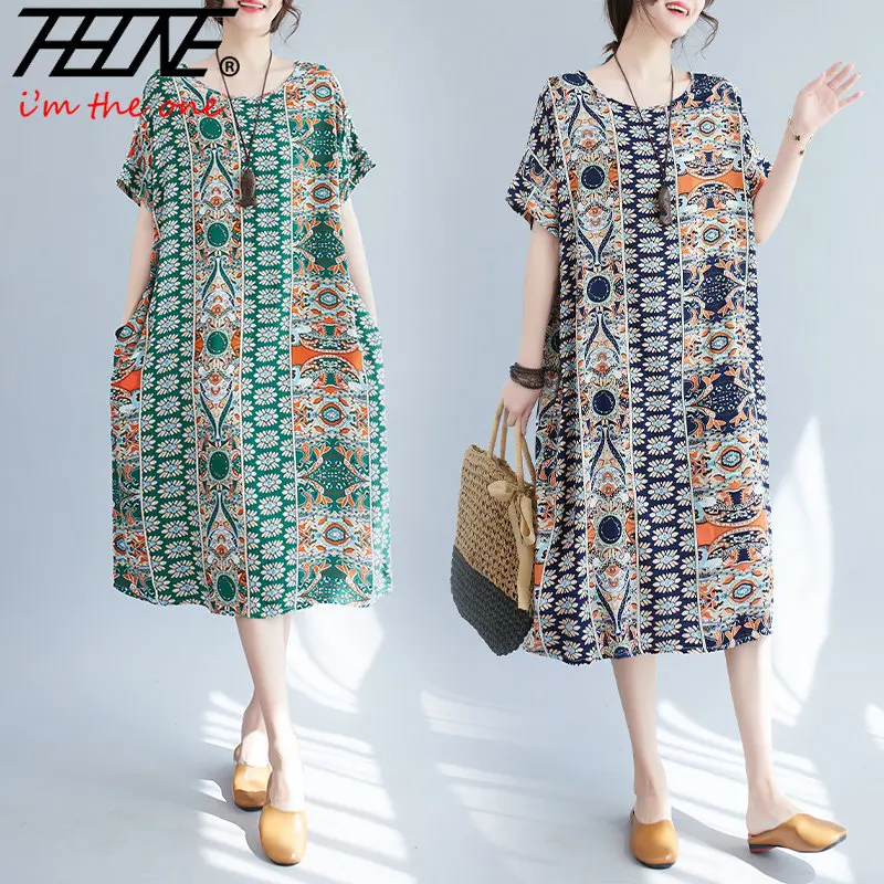 

THHONE Vestidos De Mujer Plus Size Summer Dresses for Women Robe 2023 Print Casual Korean Style Vintage Loose Long Midi Dress