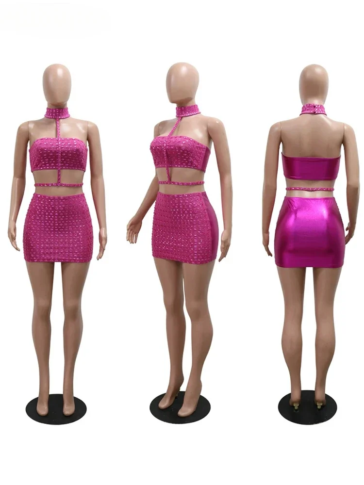

New Silvery Sexy Mini Skirt and Choker Crop Top Strapless Halter Two 2 Piece Set Women Rhinestones Night Club Birthday Outfits