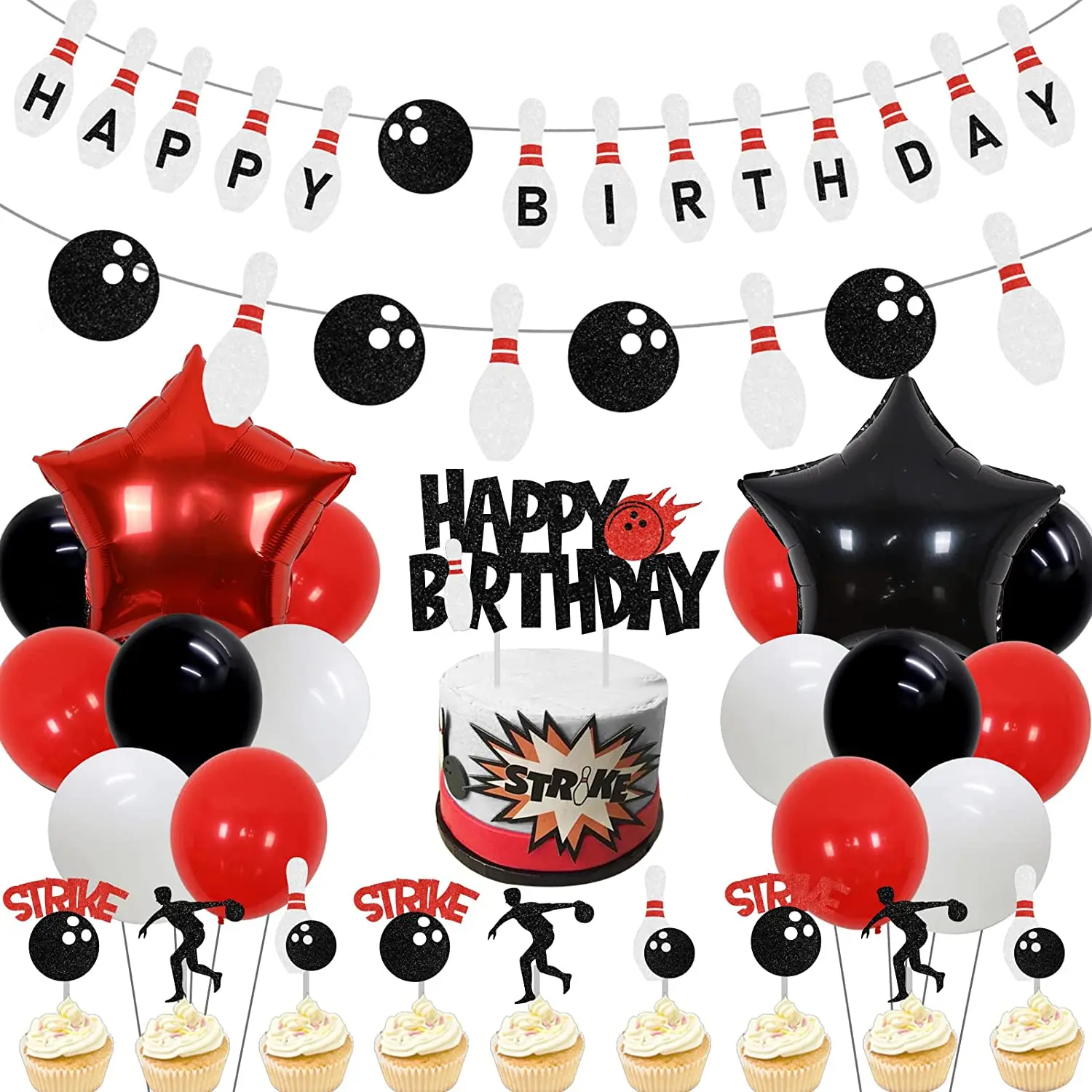 

JOYMEMO Bowling Birthday Party Decorations Happy Birthday Bowling Banner Garlands Foil Balloon Glitter Bowling Cake Topper Set