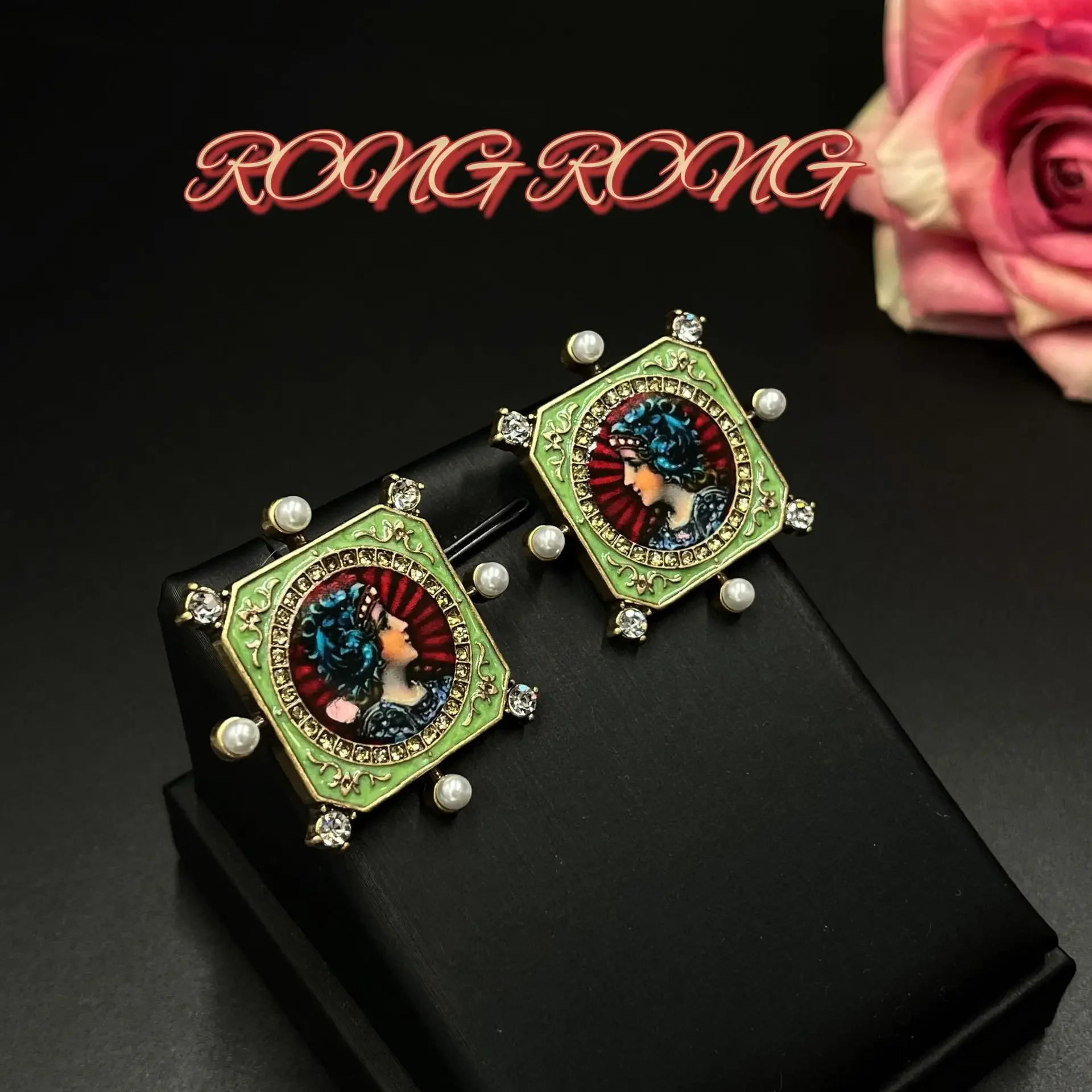 European and American Retro Geometric Square European Court Portrait Diamond Earrings Western Style Antique Medieval Earrings