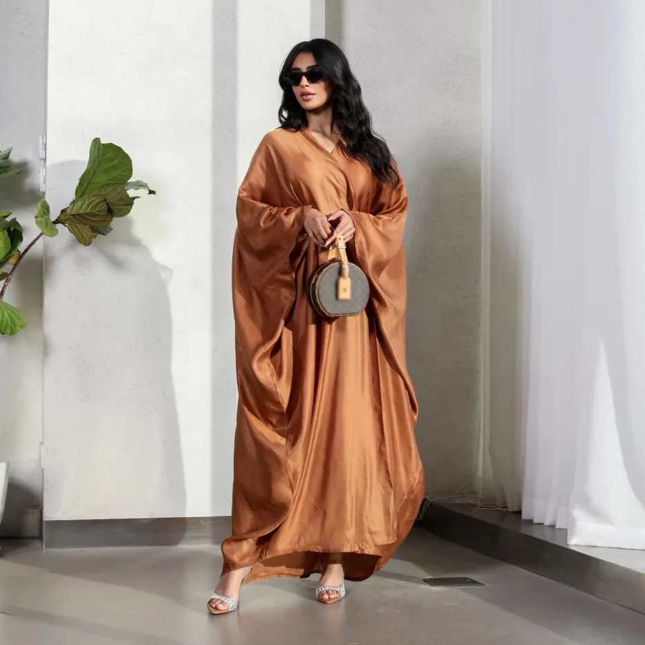 Extra-Loose-Fit Shiny Orange Butterfly Kaftan Abaya-Batwing Sleeves, Open Front. Dubai Islamic Clothing Muslim Women Open Abaya