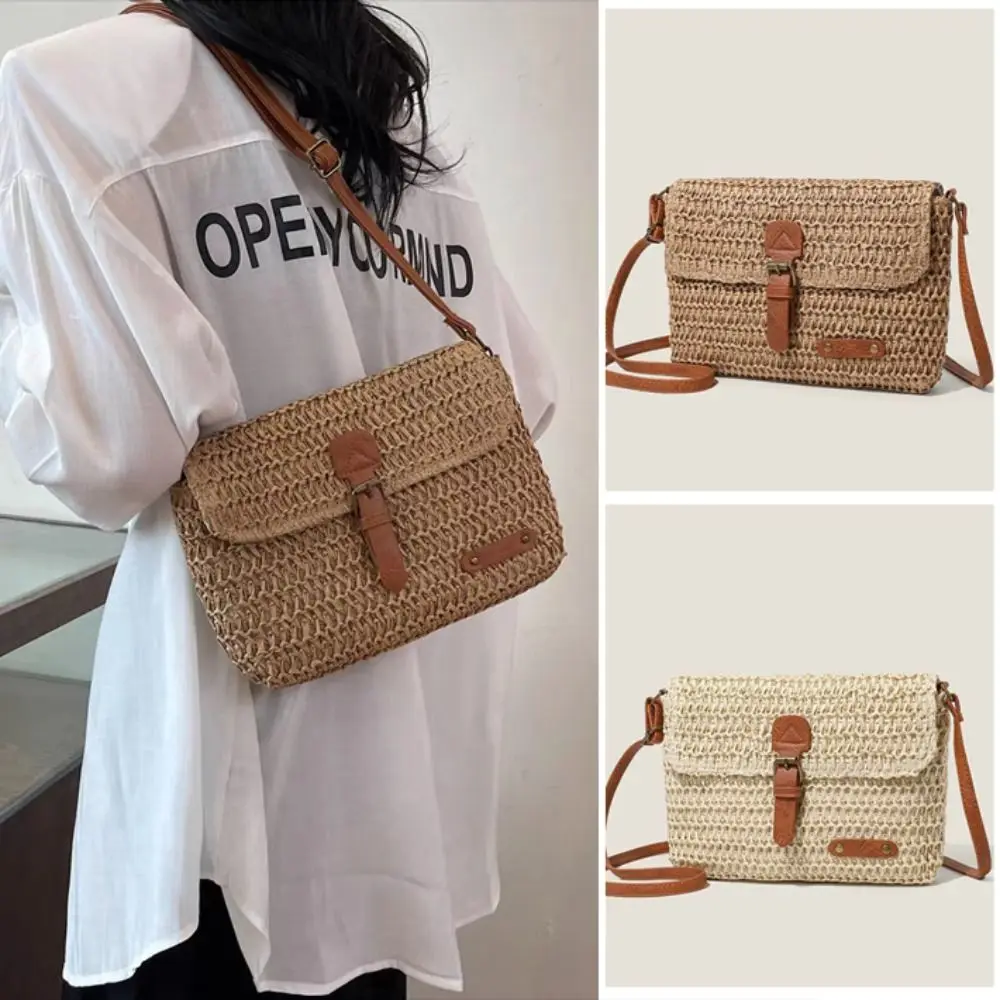 Large Capacity Woven Straw Crossbody Bag PU Leather Buckle Hollow Out Retro Messenger Bag Fashion Simple Weave Handbag Beach