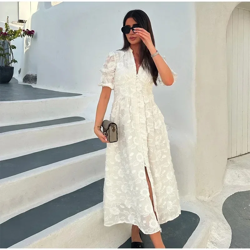 Lux Elegant White Party Long Dress Women\'s Luxury V-neck Printed SingleBreasted Split Evening Robe 2024 New Chic Street Dresses