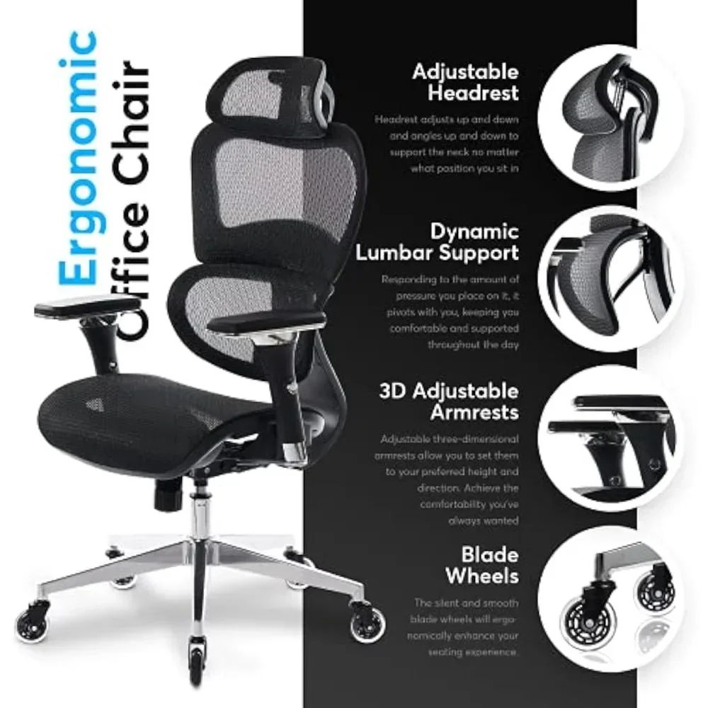 Kursi kantor ergonomis, kursi meja gulung dengan sandaran tangan 4D dapat disesuaikan, penyangga Lumbar 3D, roda bilah