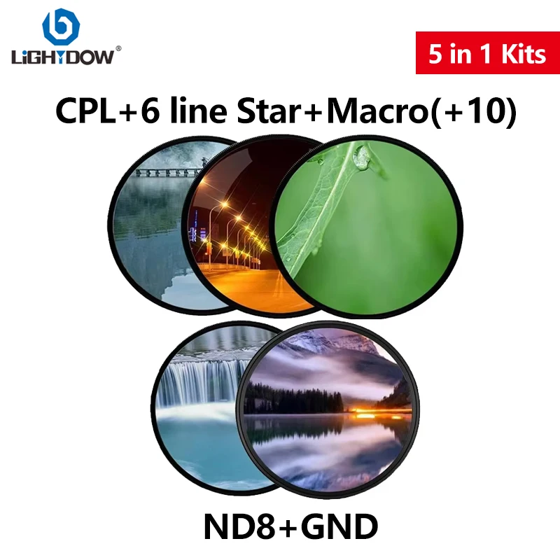 Description Picture 2 of itemLightdow  5 in 1 Kit Camera Lens Filter GND 0.9 Graduated Gray+CPL+Close Up+10+ND8+6 line Star Filter for Canon Nikon Sony Lens