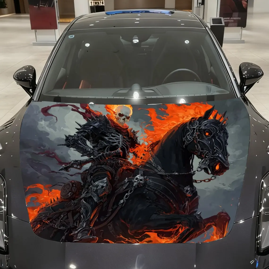Pegatinas de película para capó de coche con calavera de llama montando un caballo, pegatinas gráficas de moda, autoadhesivas resistentes al desgaste, pegatina decorativa para coche