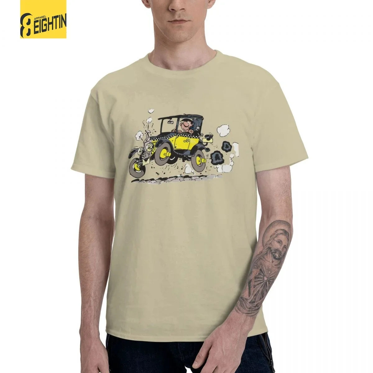 Camiseta masculina de manga curta com gola redonda, Gaston Lagaffe no carro Gomer Goof Cool Tee de algodão puro, roupas Gift Idea