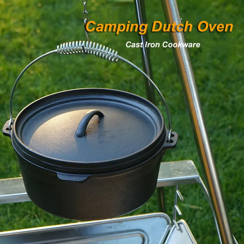 25cm Cast Iron Dutch Oven Camping Pot Set Outdoor Portable Multi-function Cookware Stew Pot Barbecue Pot Soup Picnic Pot