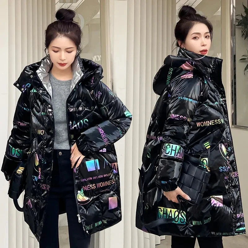 Winter New Korean Loose Padded Jacket Female Large Size Hooded Long Parkas Down Cotton Coat Womens Bright Face Wash Free jacket