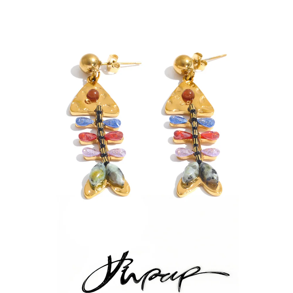 Yhpup Ocean Style Stainless Steel Colorful Zircon Stone Fish Drop Earrings 18K Gold Color PVD Plated Summer Stylish Jewelry