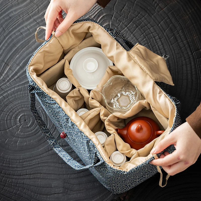 

Chinese Style Yunjin Tea Ceremony Travel Kit Handbag Men's Portable Tea Utensils Storage Bag Elegant Blue Tea Set Bag