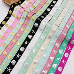 5/8'' 15mm Gold Silver Sea Shell Starfish Printed Spandex FOE Band Fold Over Elastic Ribbon For Headband DIY Sewing Accessories