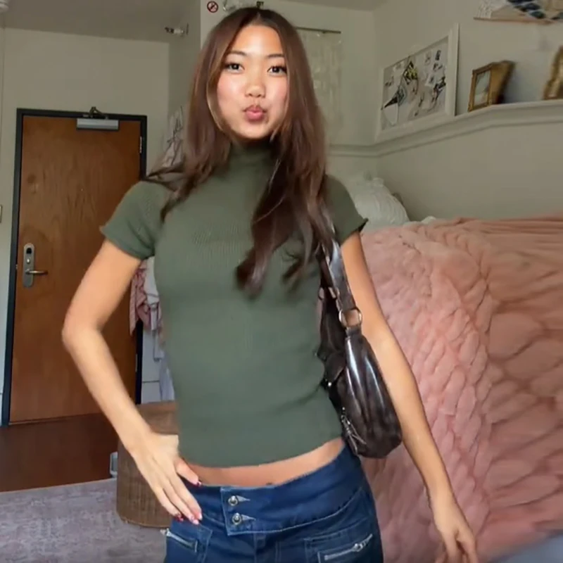 Casual Fashion Knit Top Green Vintage Elegant Chic Women Short Sleeve Knit Tops Autumn Spring Daily Date Female Street Wear