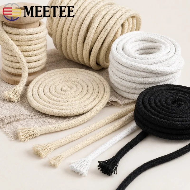 10/20M 4-10mm Cotton Cord 16 Strand Braided Rope for Woven Bag Strap Hoodie Drawstring Home Textile Accessory Trim Sewing Craft