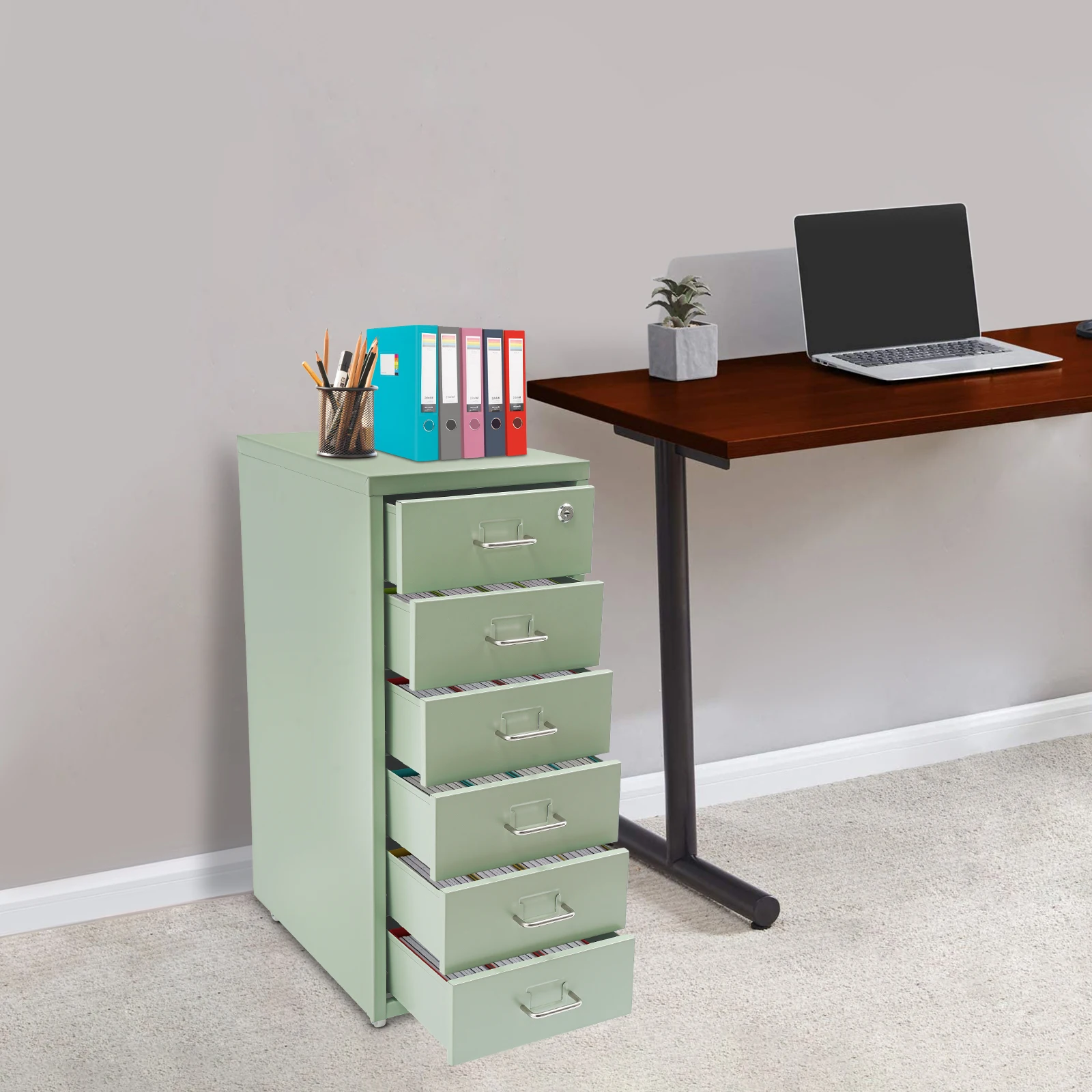 

Secure 6-Tier Rolling File Cabinet with Lock & Key, Mobile Vertical Storage Organizer for Office Home, Cream Green Metal Cabinet