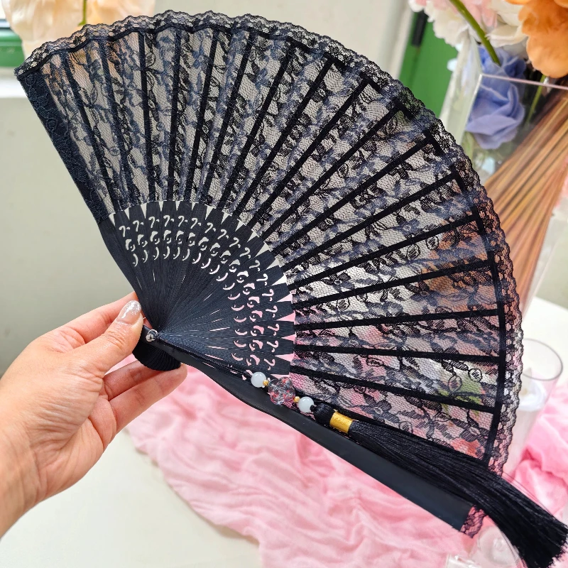 Black Lace Folding Fan Solid Color Portable Summer Cooling Daily Fan for Women Cheongsam Dance Performance Lightweight Gift