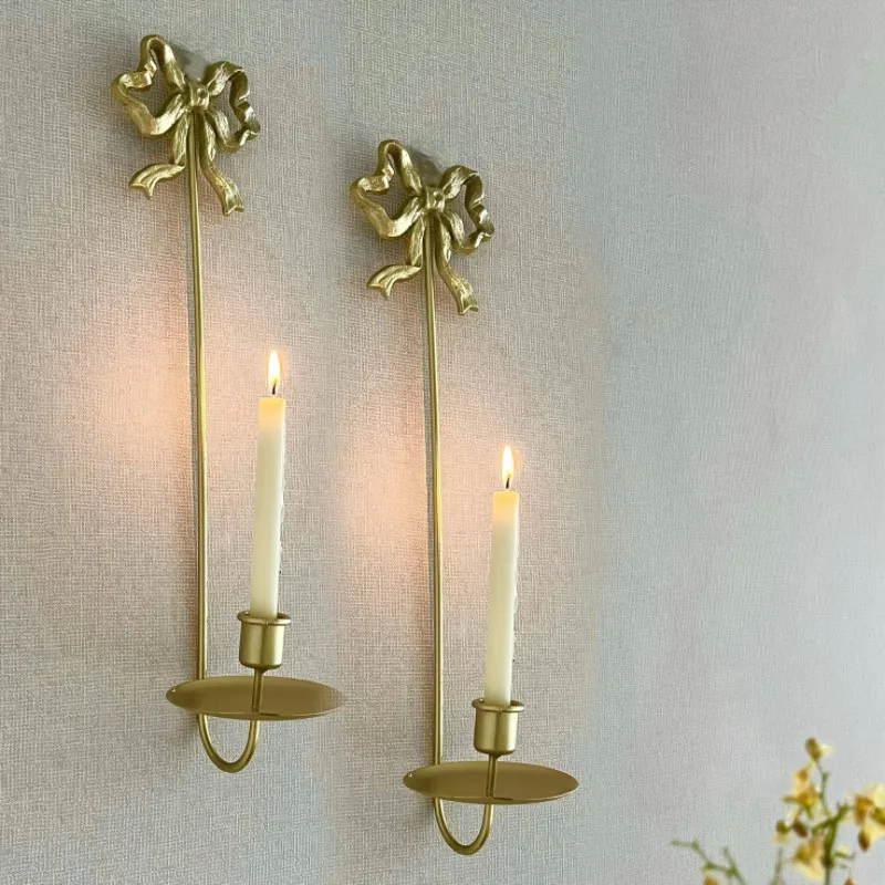 Light Luxury Gold Bow Candlestick Wall Hanging Wedding Metal Candle Holder European American Home Decoration Wall Decor