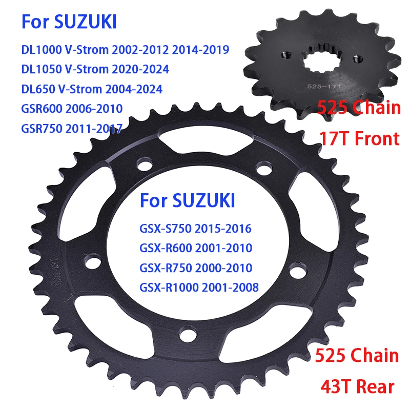 525 17T Front 43T Rear Sprocket for SUZUKI DL1000 DL1050 DL650 GSXR1000 GSXR750 GSR600 GSR750 DL GSXR GSR 1000 1050 650 750 600