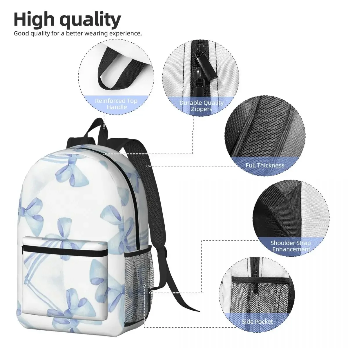 Blue Bow Sketch Painting Pattern Backpack Boys Girls BookBag Kids School Bag Laptop Shoulder Bags for Men Women