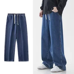 Men Comfortable Straight Casual Jeans Male Soft Baggy Outside Denim Pants Classic Elastic Waist Solid Office Work Denim Trousers
