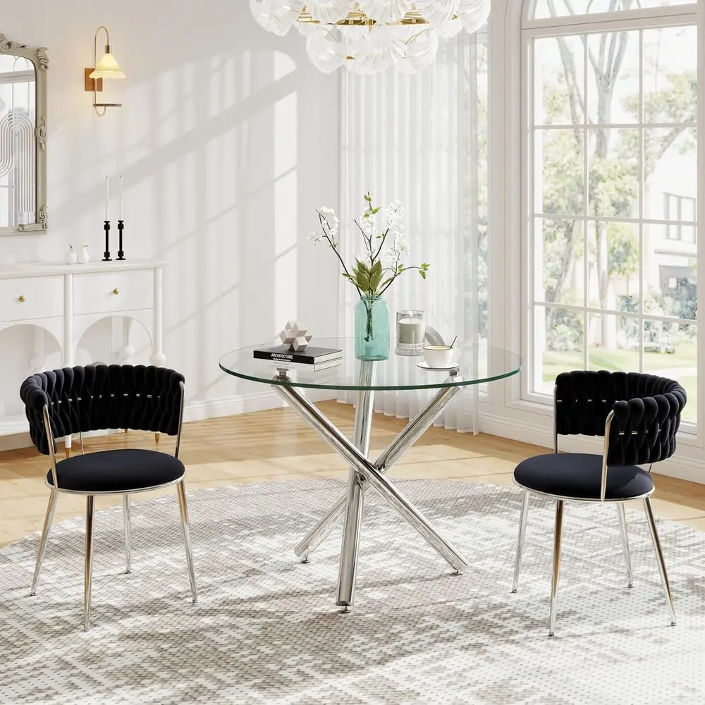 

Round Glass Dining Set for 3 with Silver Base and 2 Black Velvet Chairs, Easy Assembly
