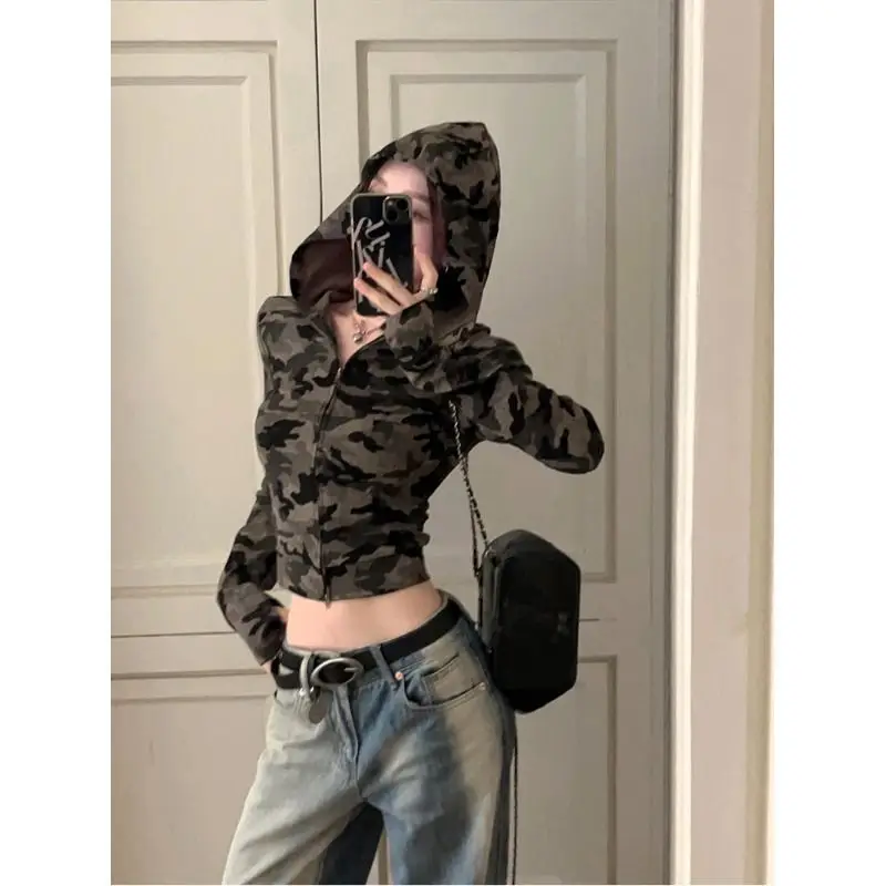American Style Hot Girl Camouflage Long Sleeve Hoodie Women\'s Early Autumn Unique Slimming Zipper Short Top Cotton 100%