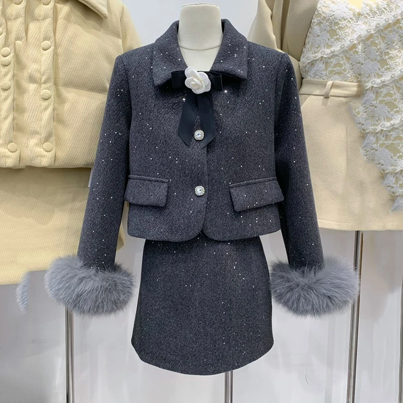 Spring Fashion Temperament Two Piece Skirt Set Small Fragrance Mini Skirt Two-piece Set Heiress Down Jacket with Short Skirt