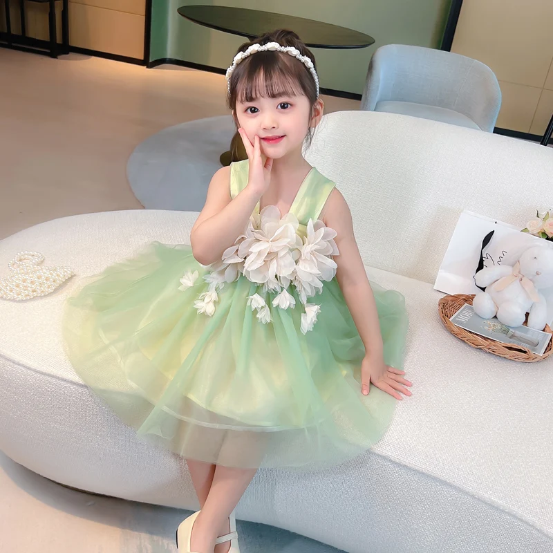 Flowers Girls' Dresses Children's Luxury Princess Dresses 2022 New Tulle Breathable Summer Sling Long Dresses Baby Skirts