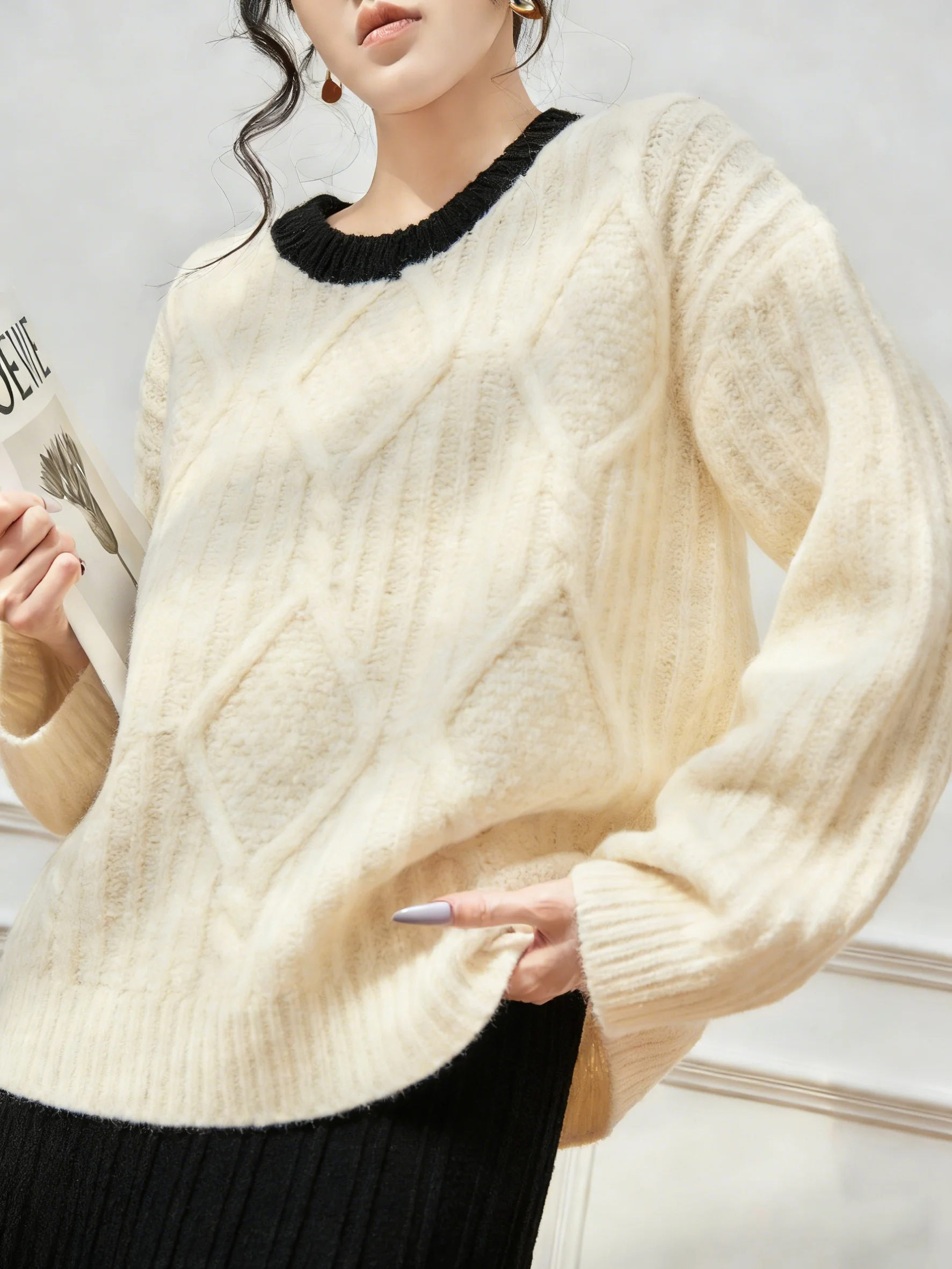 

Loose Knitted Fce round Ne Pullover Sweater Women's Casual Comfortable Sle Spring Faionable Versatile White Top